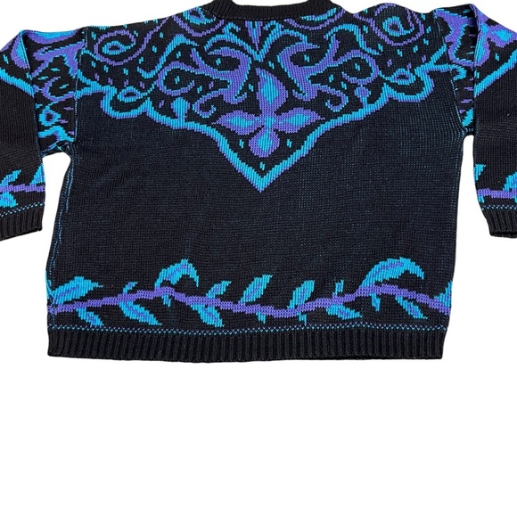 La Venture Vintage Abstract Jacquard Cozy 80’s Teal Black Purple Sweater - Picture 4 of 9